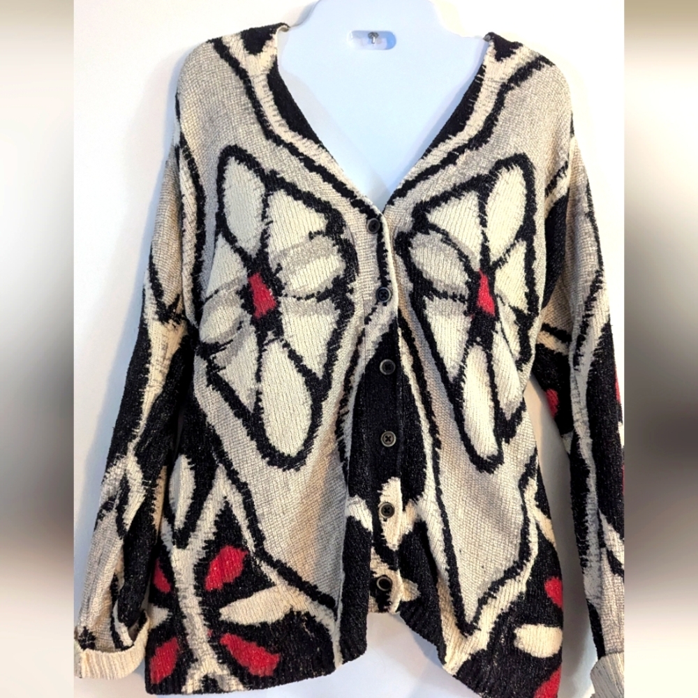Black and Red Cardigan Sweater with Bold Abstract Pattern